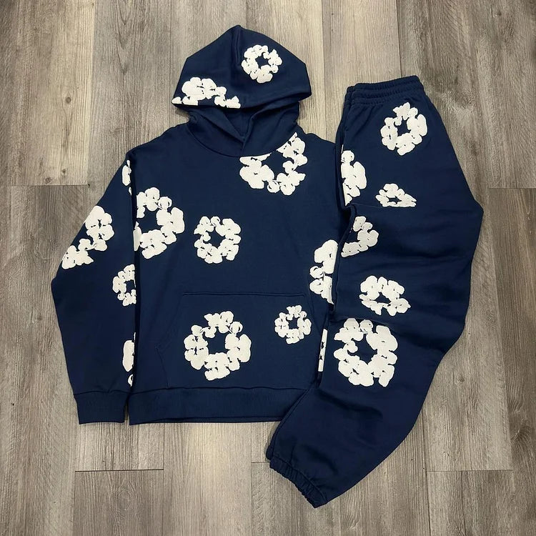 PG Denim Tears Wreath Graphic Black Pullover Hoodie Tracksuit & Sweatpants **NAVY BLUE**