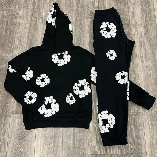 PG Denim Tears Wreath Graphic Black Pullover Hoodie Tracksuit & Sweatpants **BLACK**